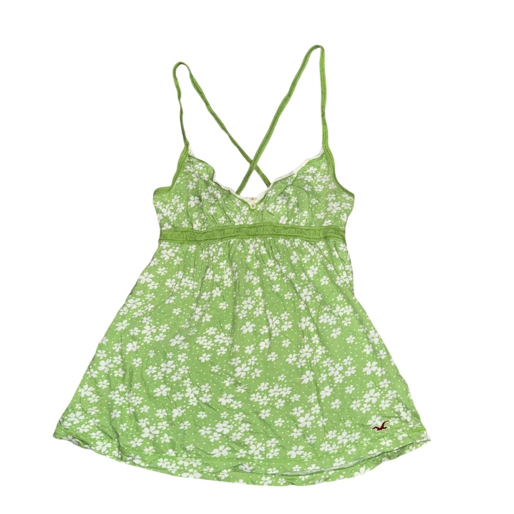 Vintage Hollister Babydoll Cami Women Medium Green Floral Y2K Cross Back Tank